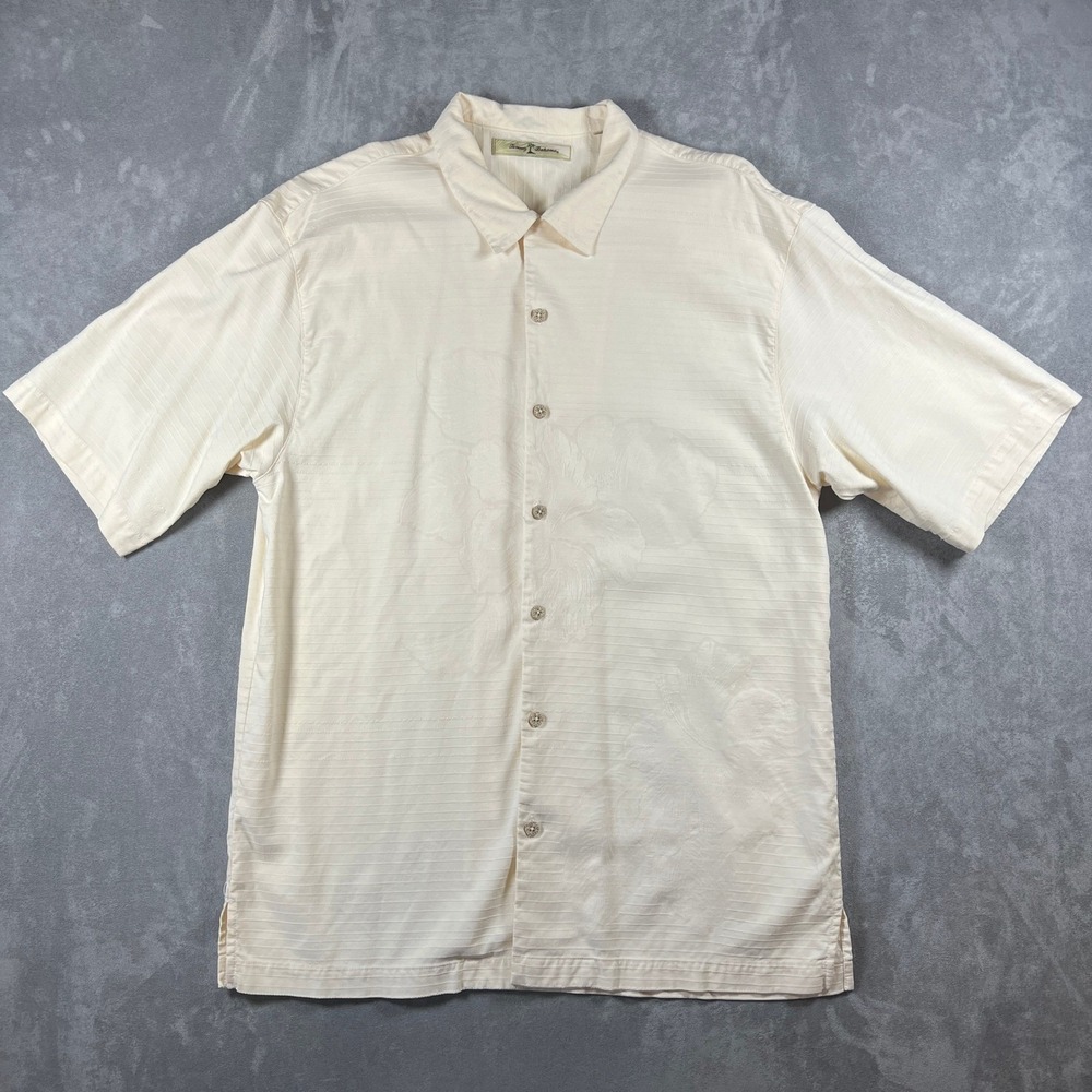 Tommy Bahama Mens S/M Silk Blend Camp Shirt Cream Floral Jacquard Short Sleeve